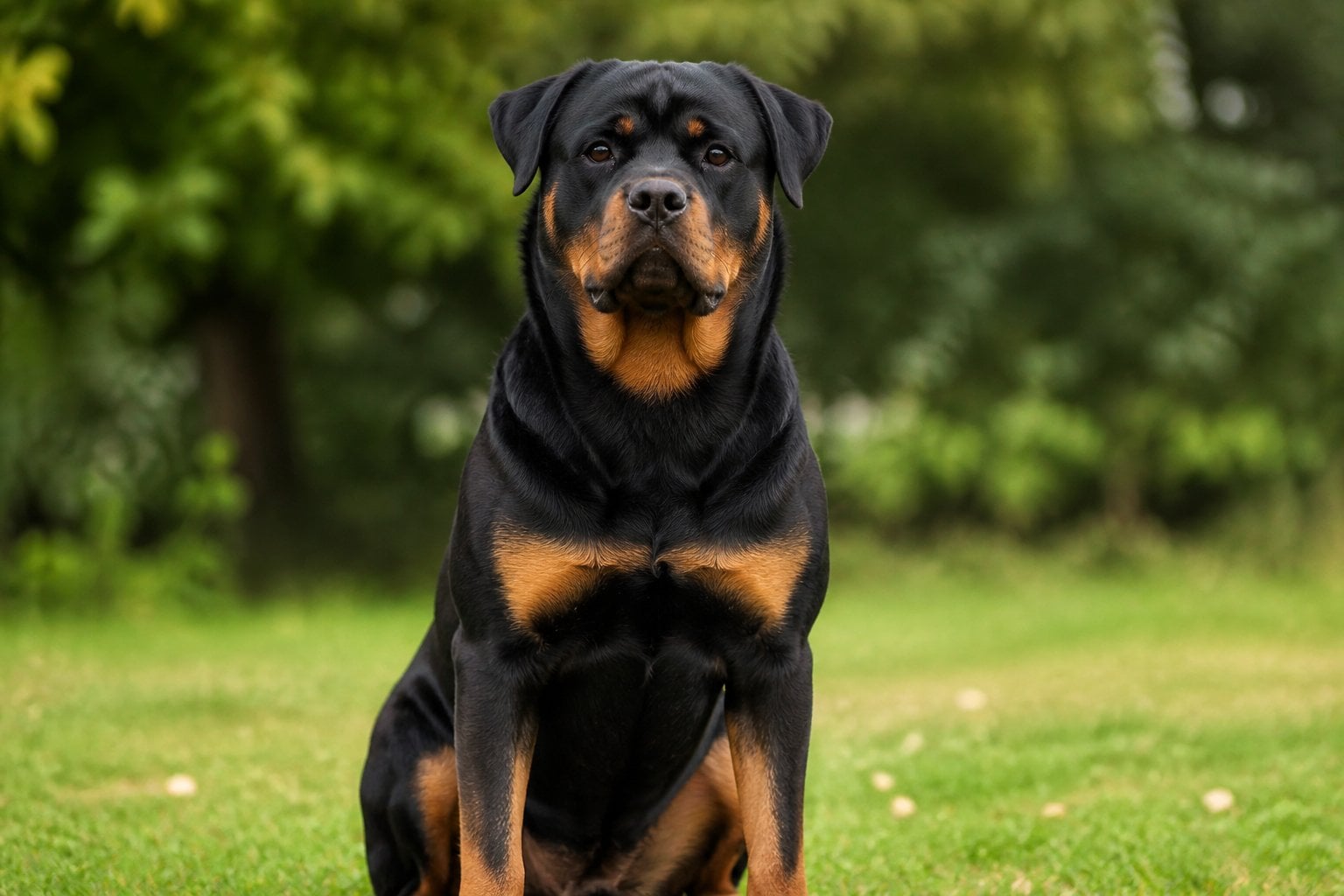 A Rottweiler dog sitting attentively outdoors with a blurred green background.