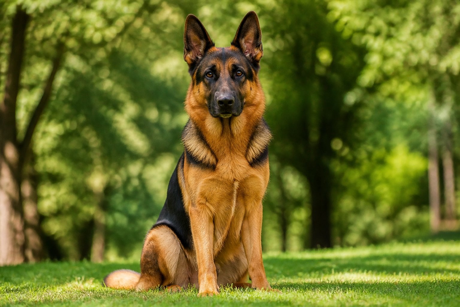 A German Shepherd dog sitting attentively outdoors in a green park with trees in the background.