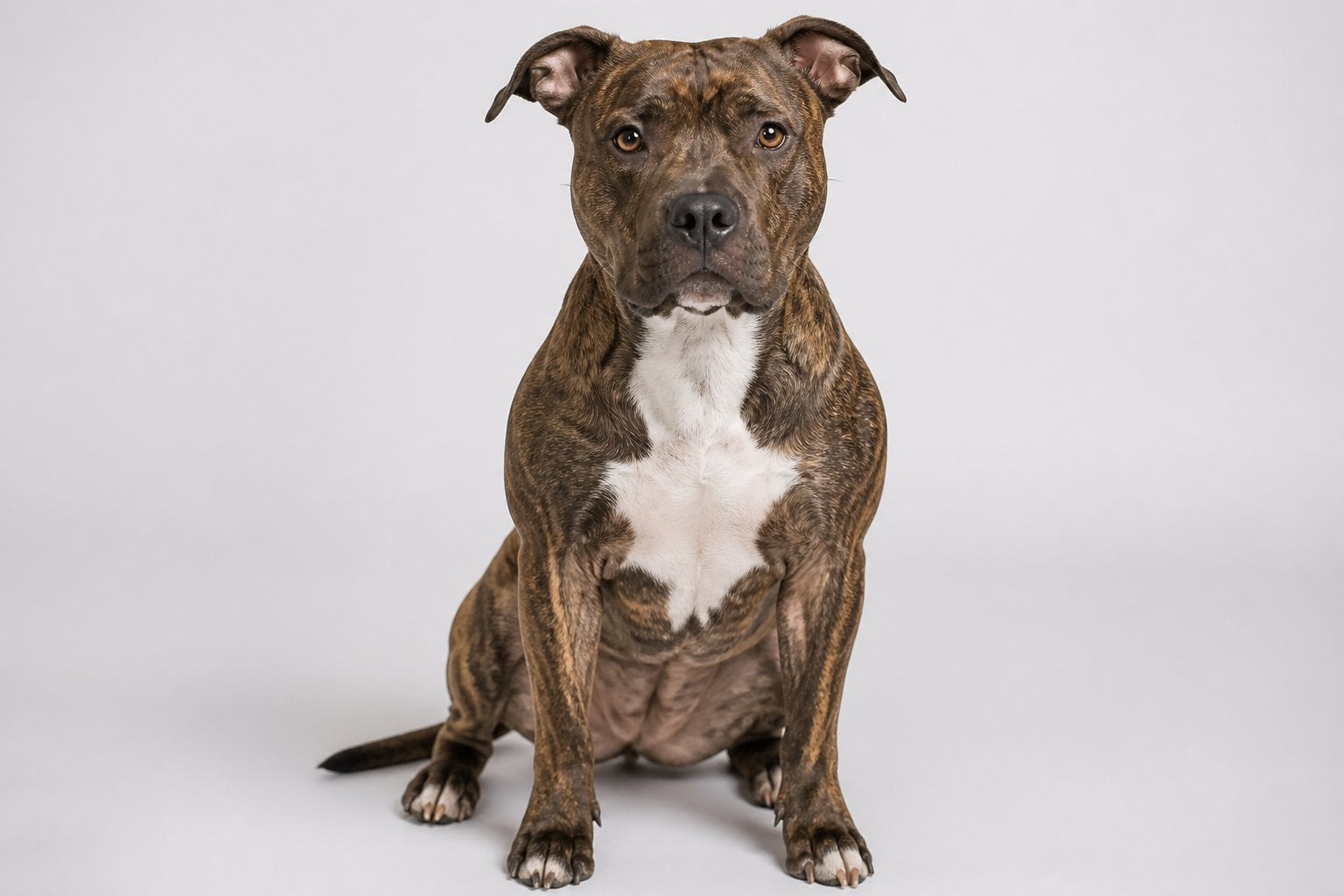 An American Pit Bull Terrier sitting attentively on a plain background.