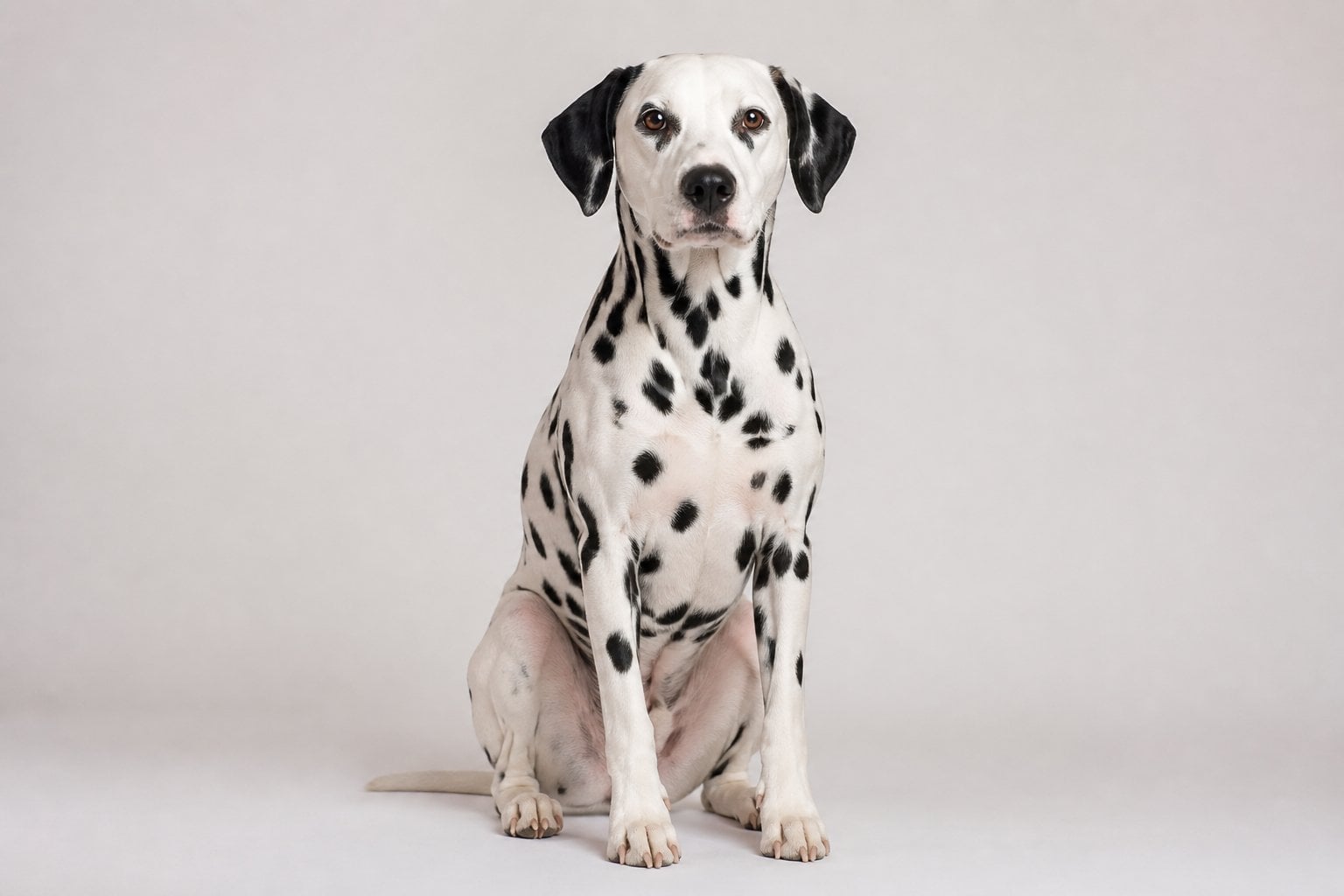 A Dalmatian dog sitting calmly on a plain background, looking alert and relaxed.