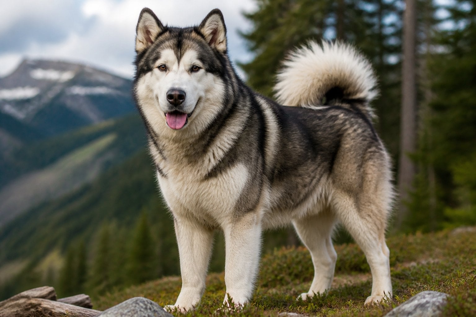 An Alaskan Malamute dog standing outdoors in a forested area with mountains in the background.