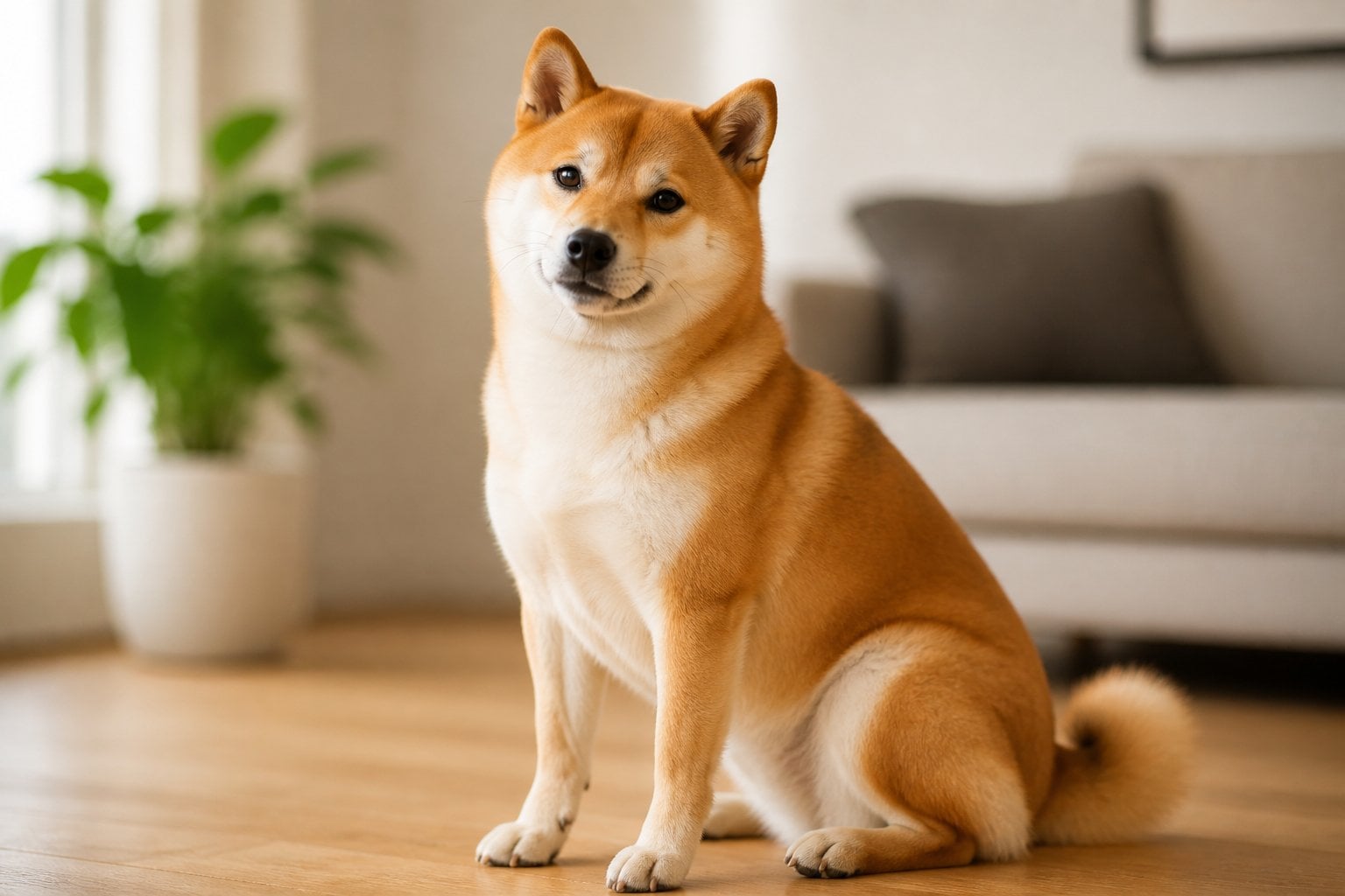 A Shiba Inu dog sitting calmly indoors on a wooden floor with a blurred living room background.