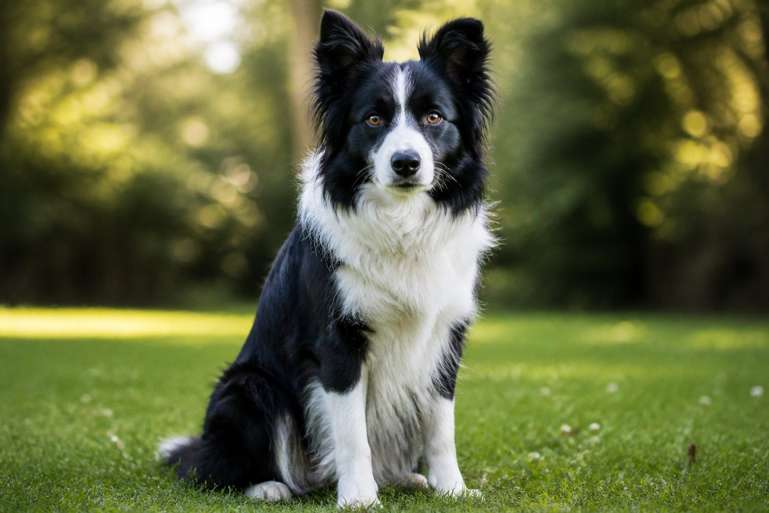 A Border Collie dog with black and white fur sitting attentively on green grass outdoors.