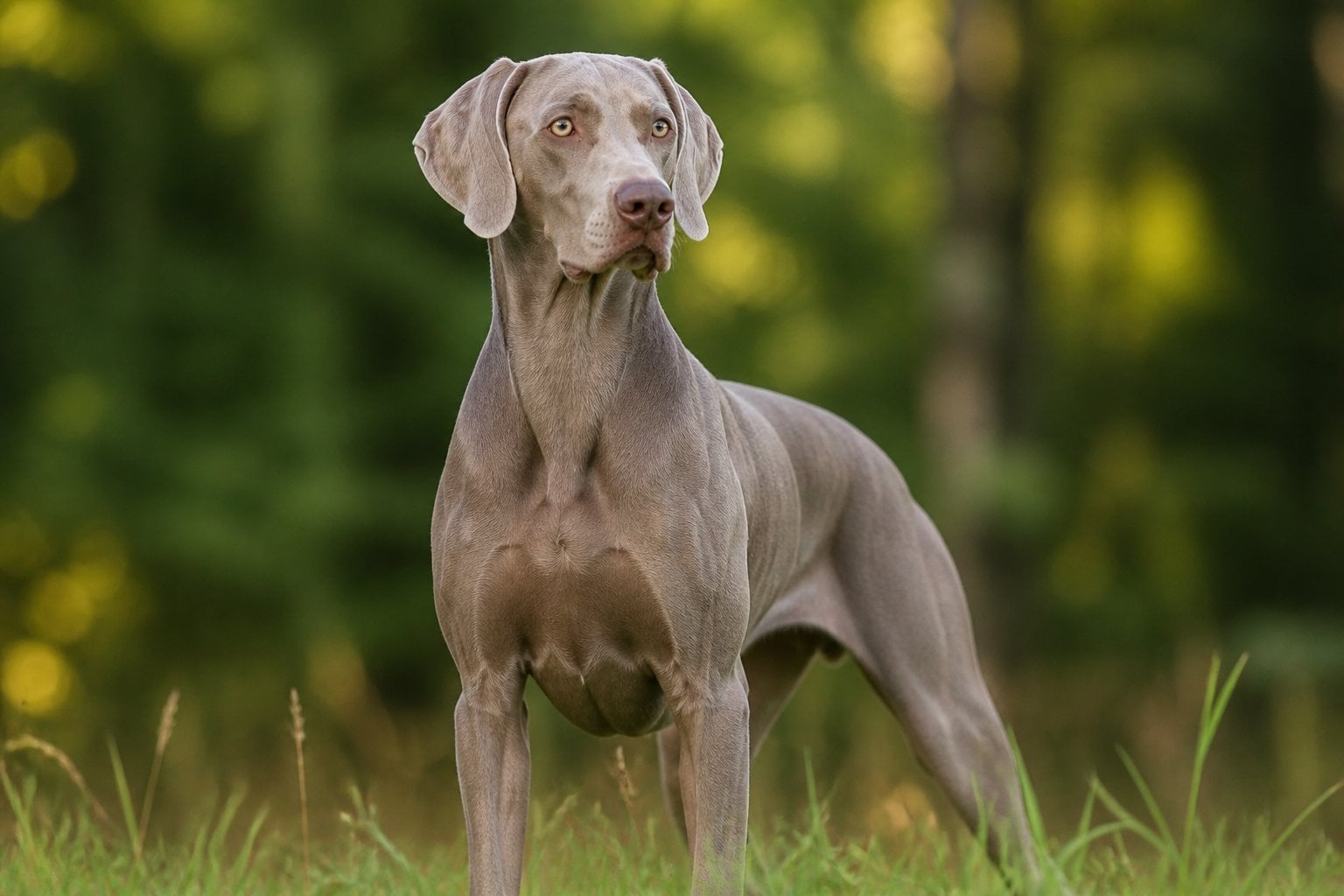 A Weimaraner dog standing alert outdoors with a blurred green background.