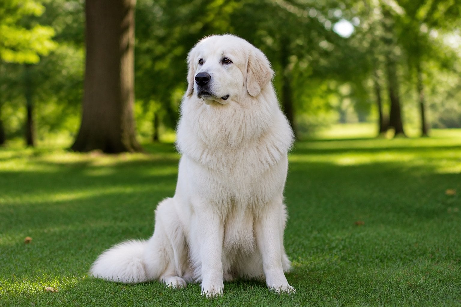 A Great Pyrenees dog sitting calmly in a green park with trees in the background.