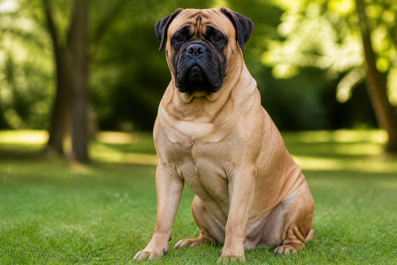 A large Bullmastiff dog sitting attentively outdoors in a green park.