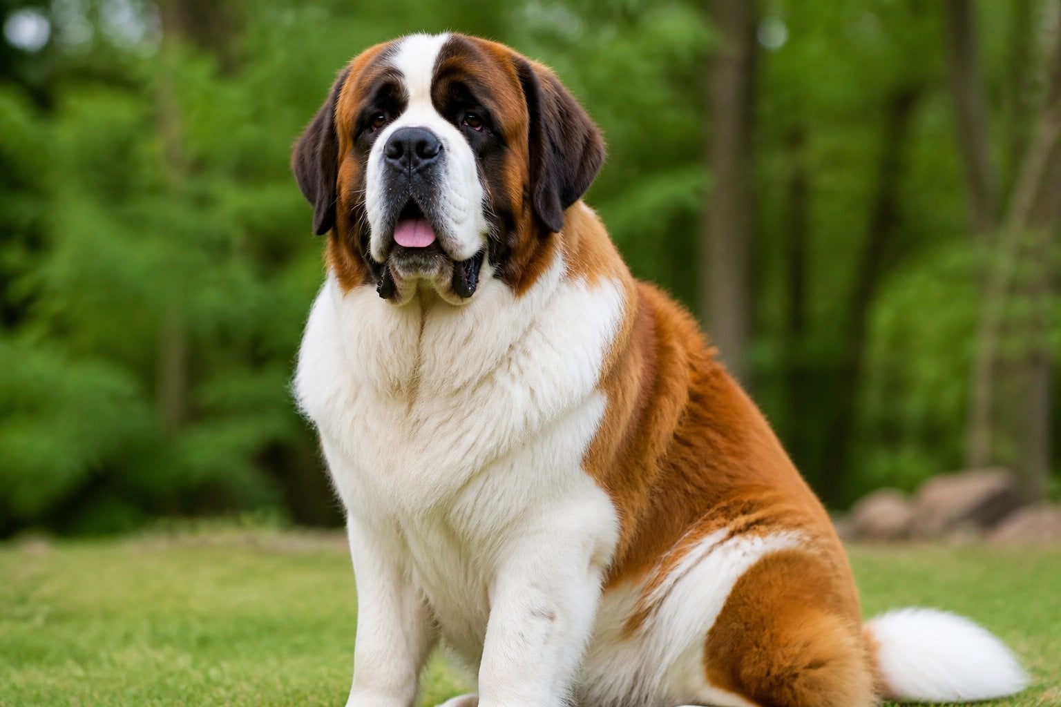 A Saint Bernard dog sitting outdoors with green foliage in the background.