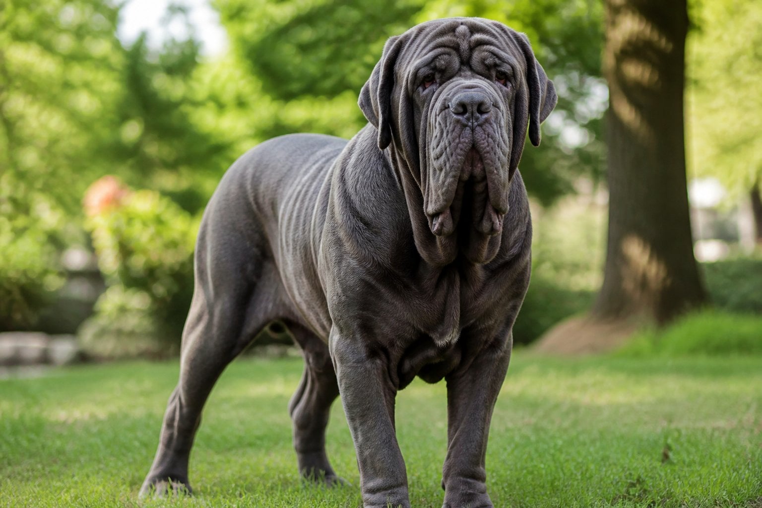 A large Neapolitan Mastiff dog standing outdoors in a green park with a calm expression.