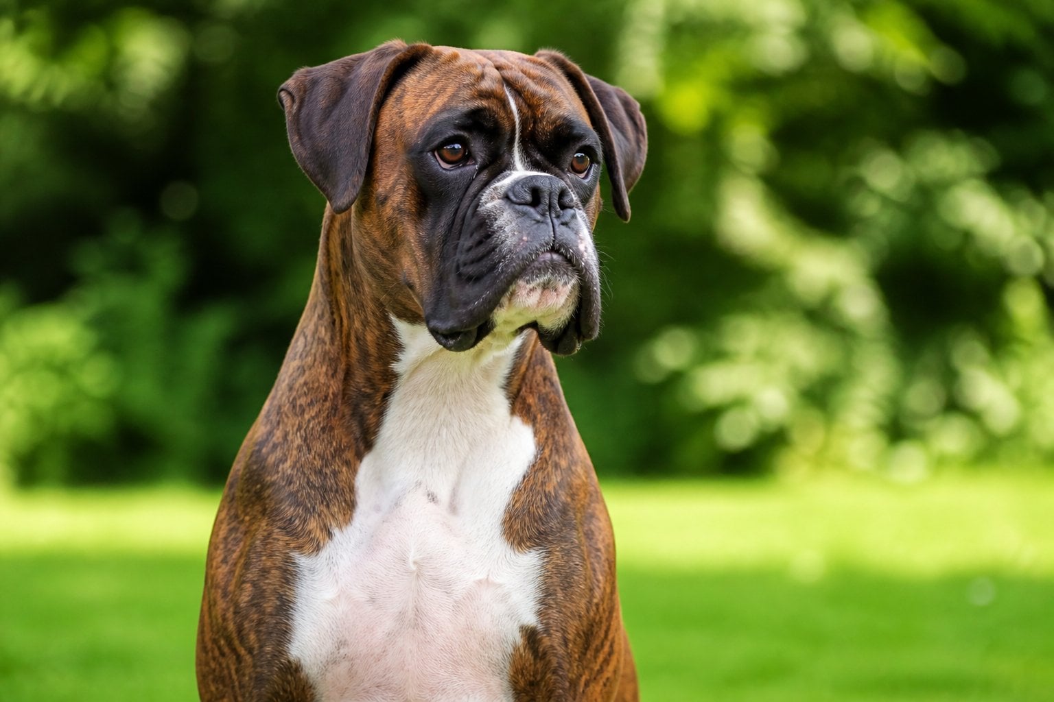 A Boxer dog sitting outdoors with green foliage in the background, looking attentive and calm.