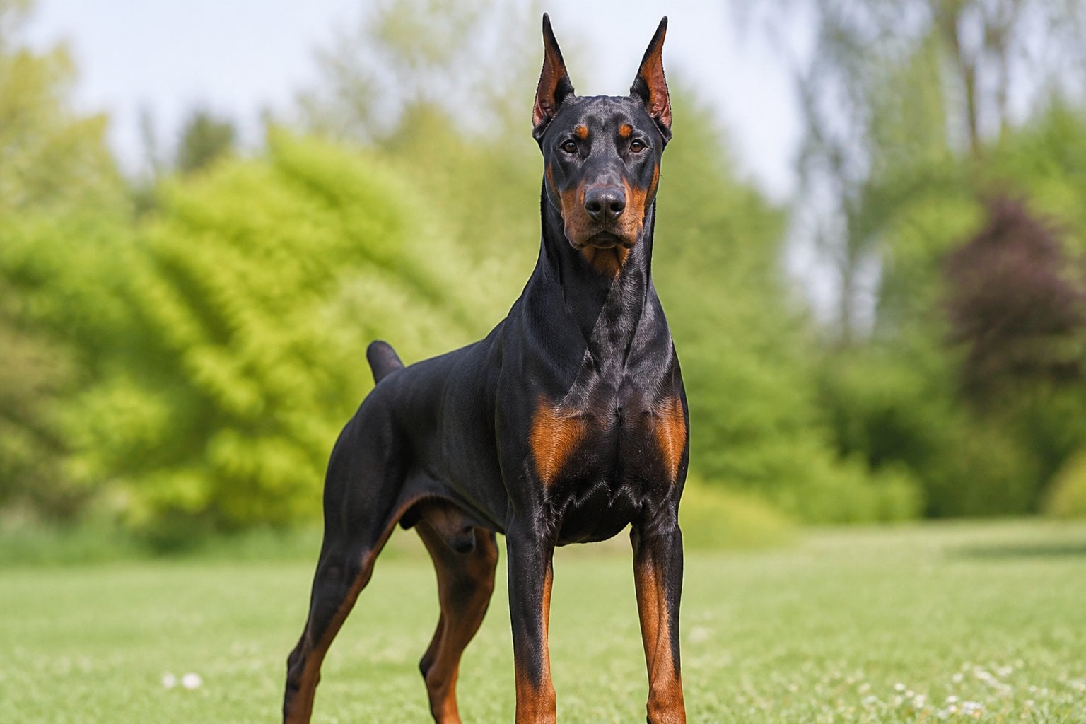 A Doberman Pinscher dog standing outdoors looking attentively at the camera.