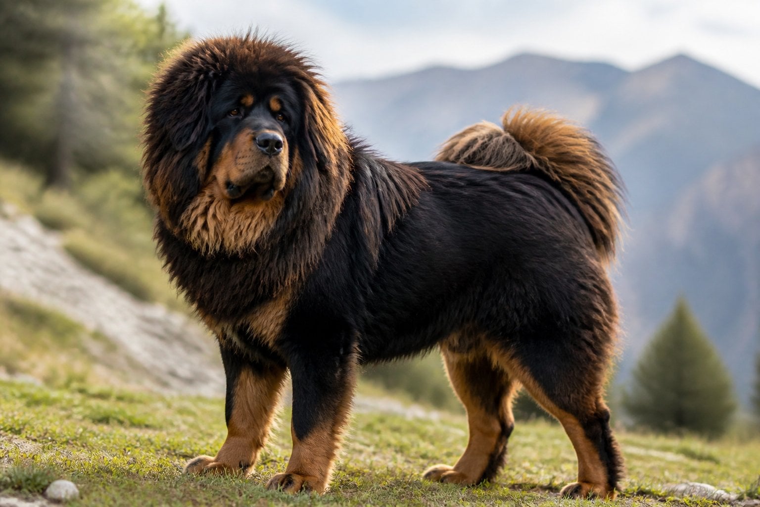 A large Tibetan Mastiff dog standing outdoors with mountains and grass in the background.