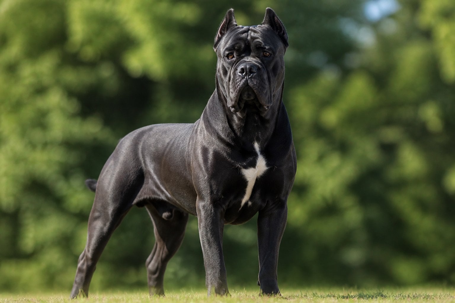 A Cane Corso dog standing outdoors with a muscular build and cropped ears, looking alert.