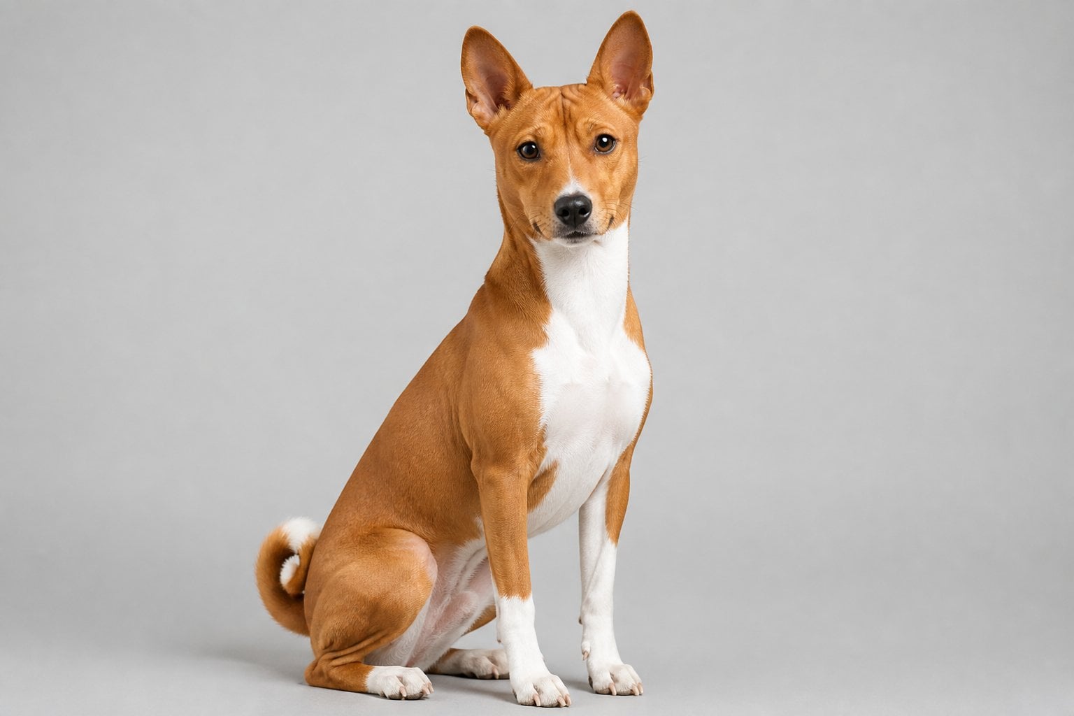 A Basenji dog sitting and looking directly at the camera against a plain background.