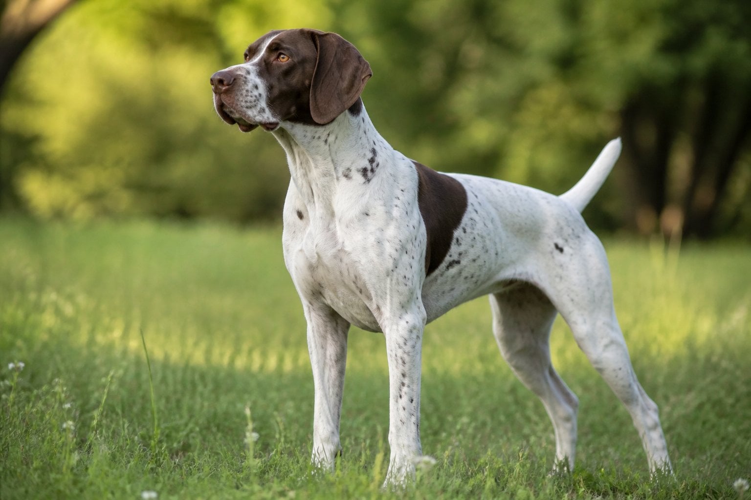 An English Pointer dog standing alert in a grassy outdoor area with trees and wildflowers in the background.