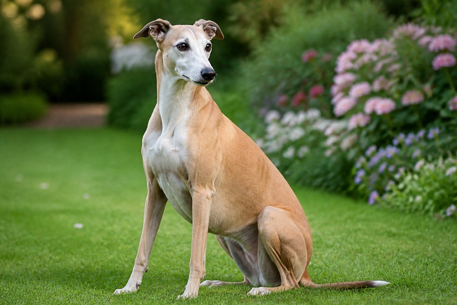 A calm Greyhound dog sitting outdoors in a garden with green grass and flowers.
