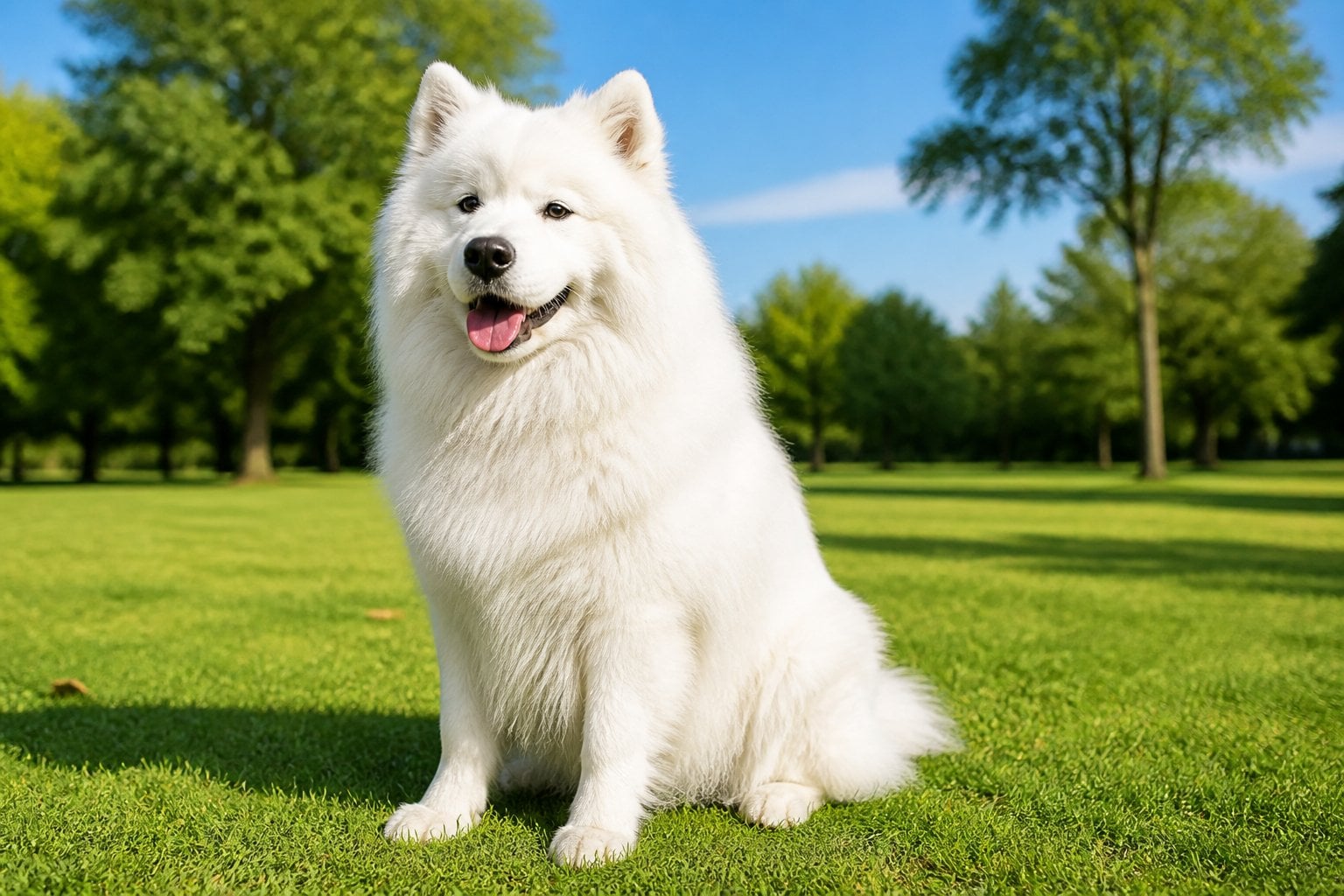 A white Samoyed dog sitting on green grass in a sunny park with trees in the background.