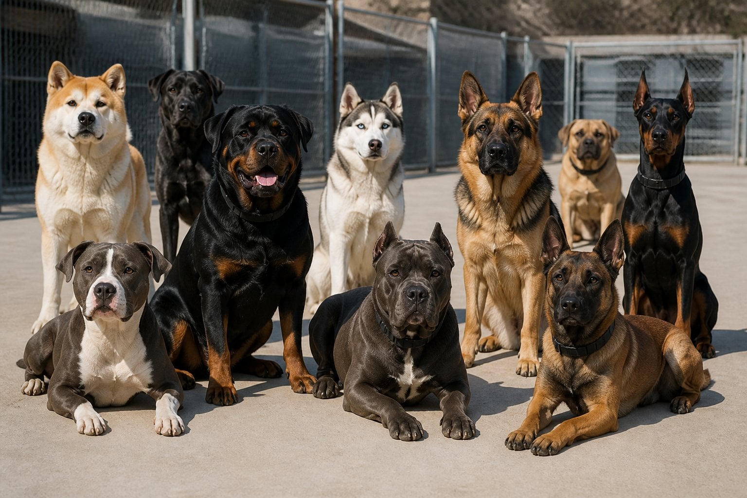 A group of large, powerful dog breeds stands calmly in a secure outdoor training facility.