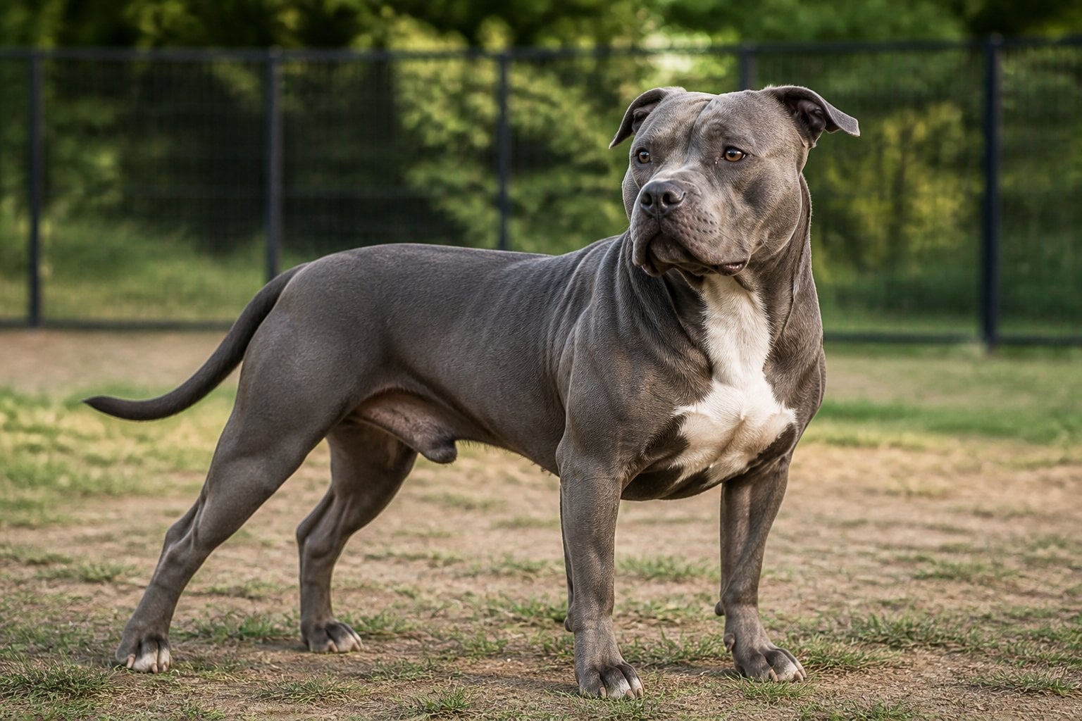 An American Pit Bull Terrier stands alert in a fenced outdoor training area.