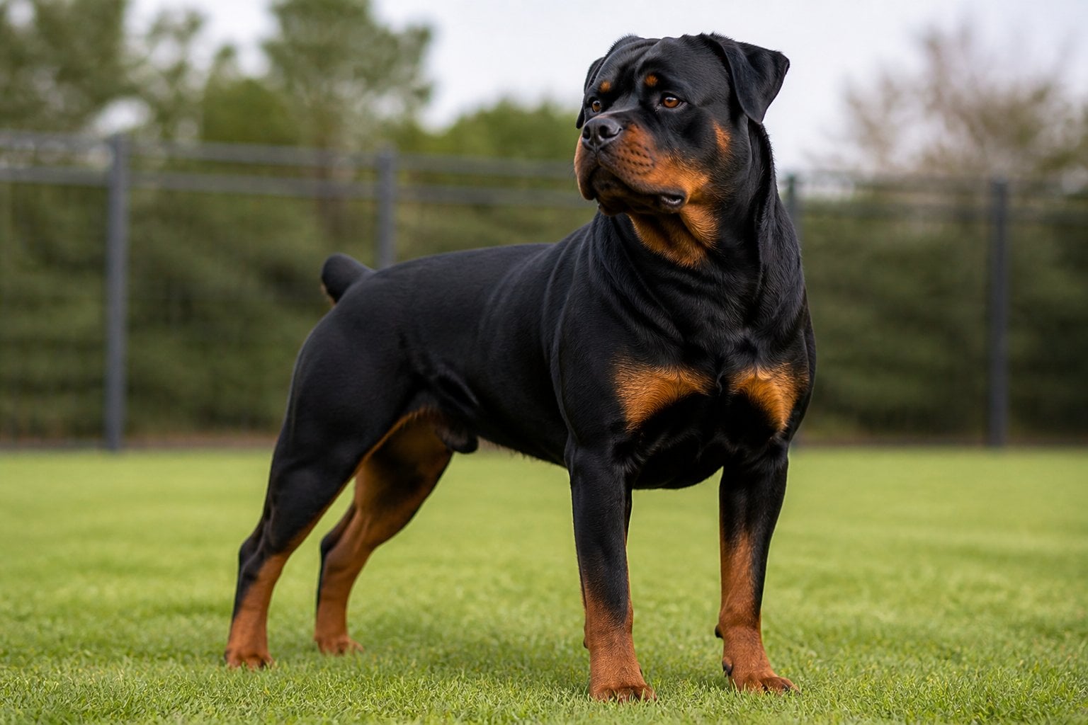 A Rottweiler standing alert in an outdoor training area.