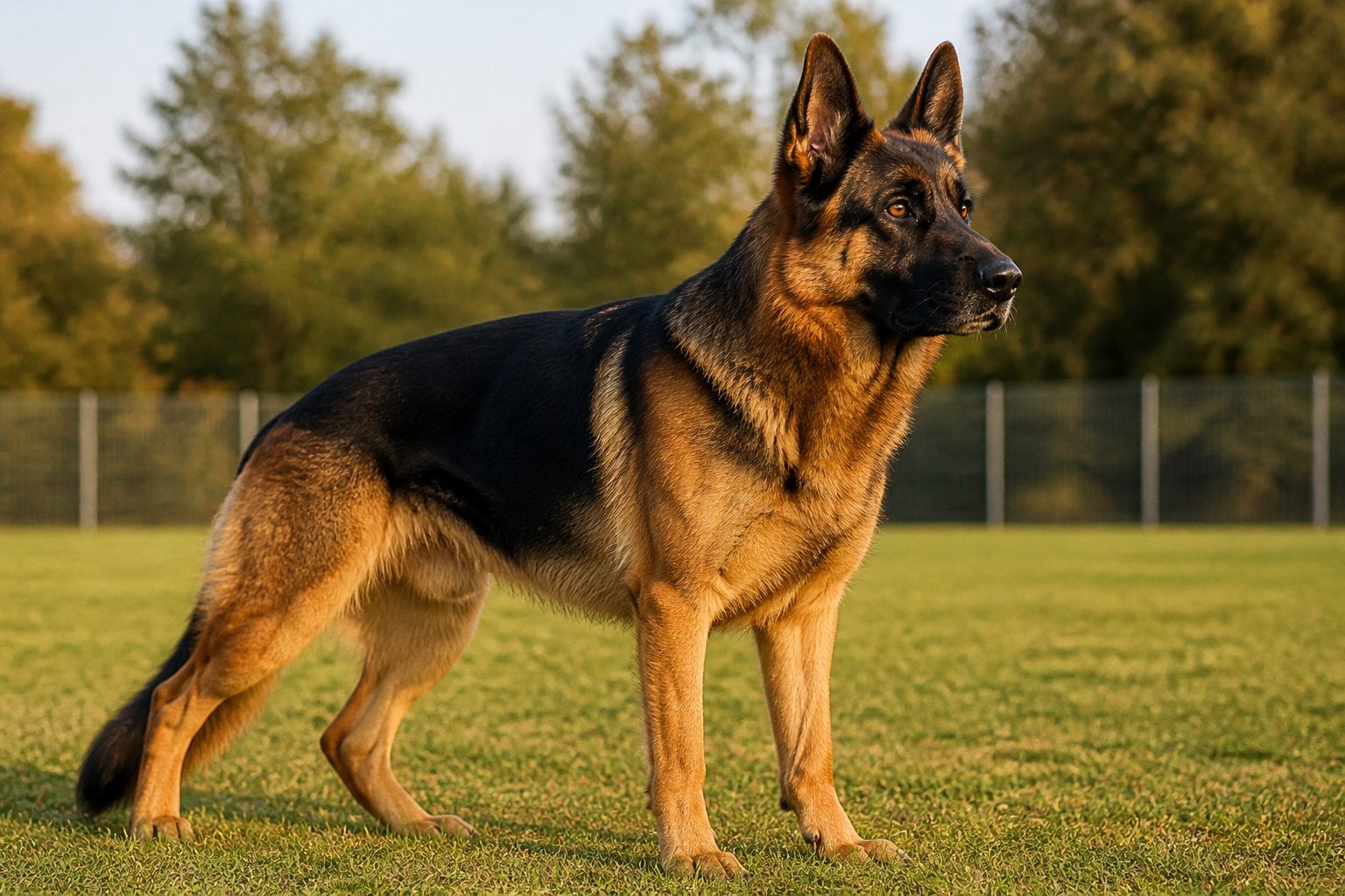 A German Shepherd stands alert in a fenced grassy training field.