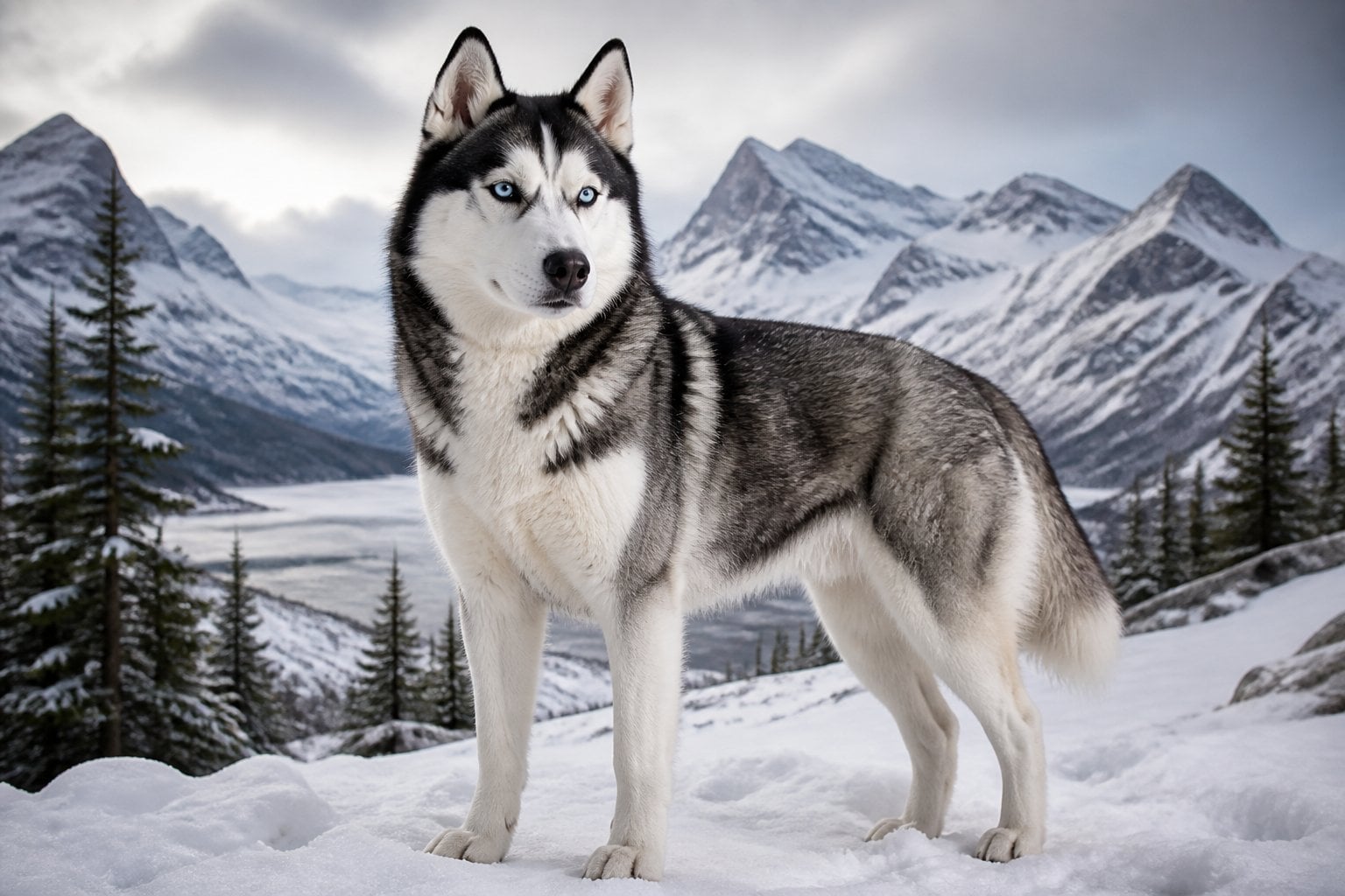 A Siberian Husky stands alert in a snowy mountain landscape.