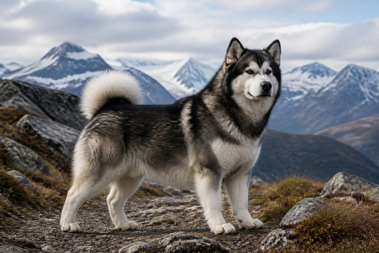 An Alaskan Malamute stands on a rocky tundra trail with snowy mountains in the background.