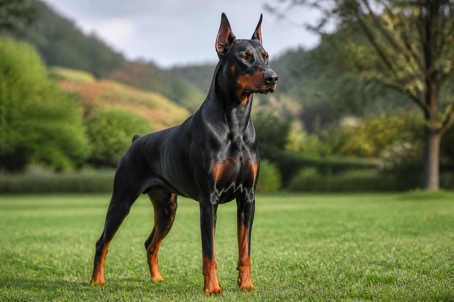 A Doberman Pinscher stands alert in an outdoor setting.