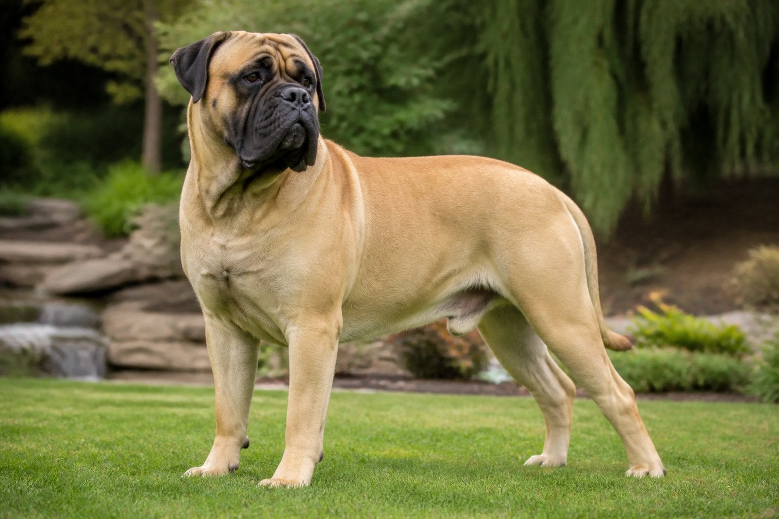 A muscular Bullmastiff stands alert outdoors in a landscaped setting.