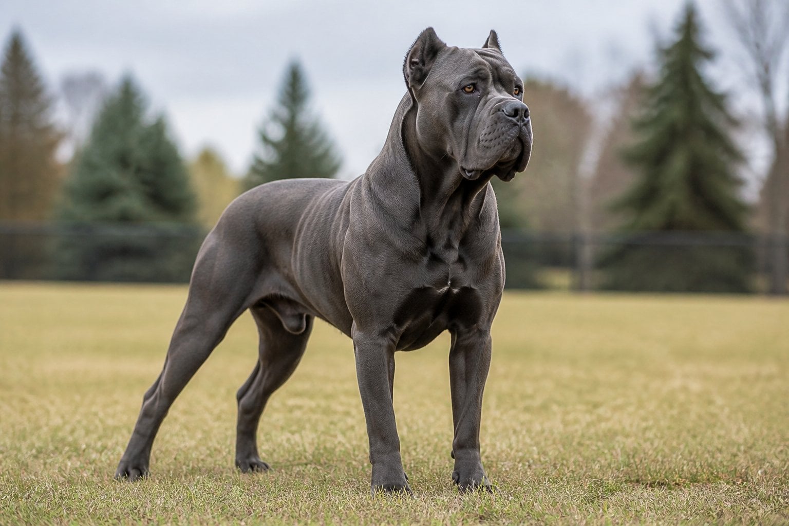 A muscular Cane Corso stands alert outdoors in a green rural setting.