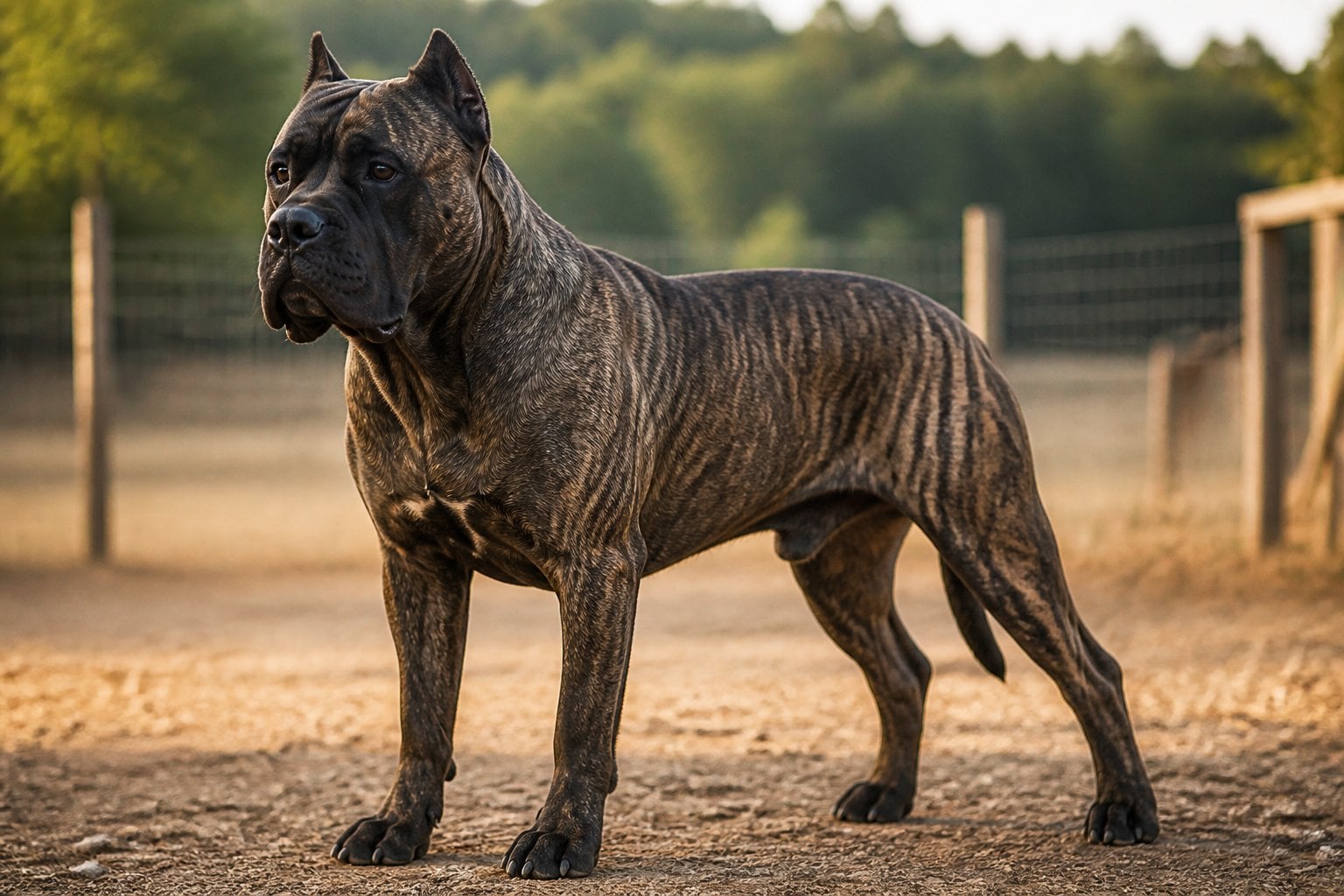 A muscular brindle Presa Canario stands alert in a fenced outdoor training area.
