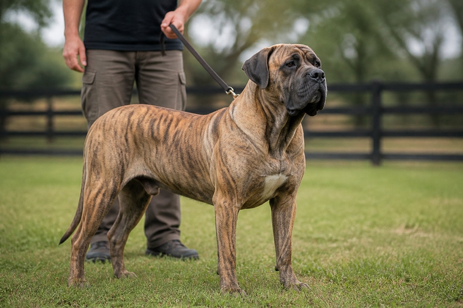 A Fila Brasileiro standing alert in a secure outdoor enclosure.