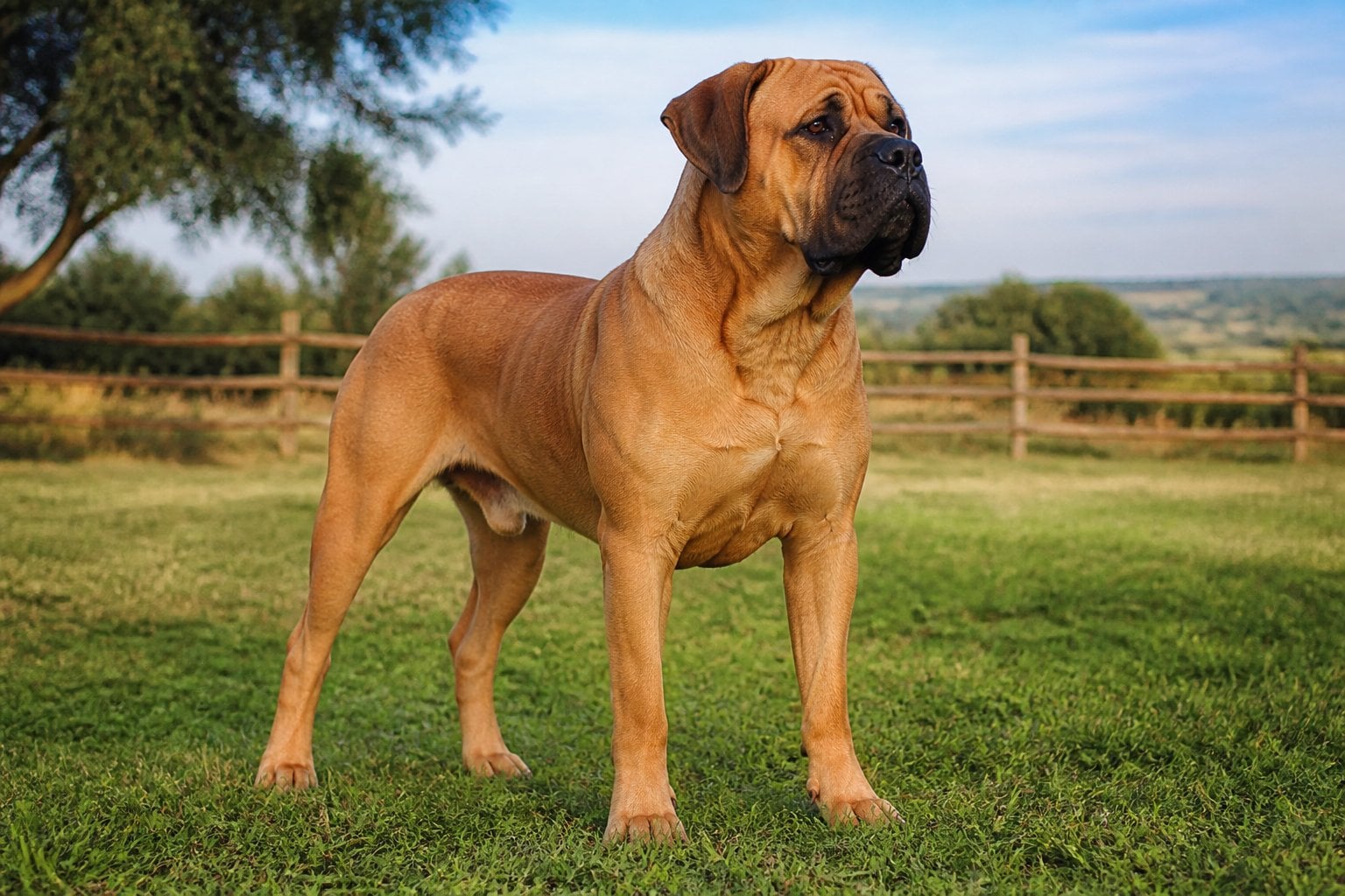 A muscular Boerboel standing alert on a grassy field near a fence.