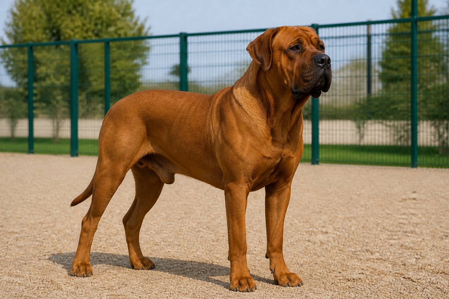 A large Tosa Inu dog stands calmly in a secure outdoor yard.
