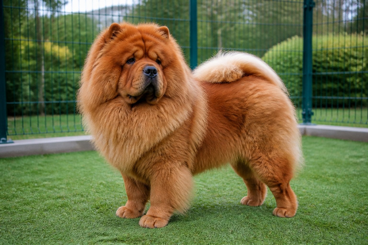 A Chow Chow stands alert inside a secure outdoor enclosure.
