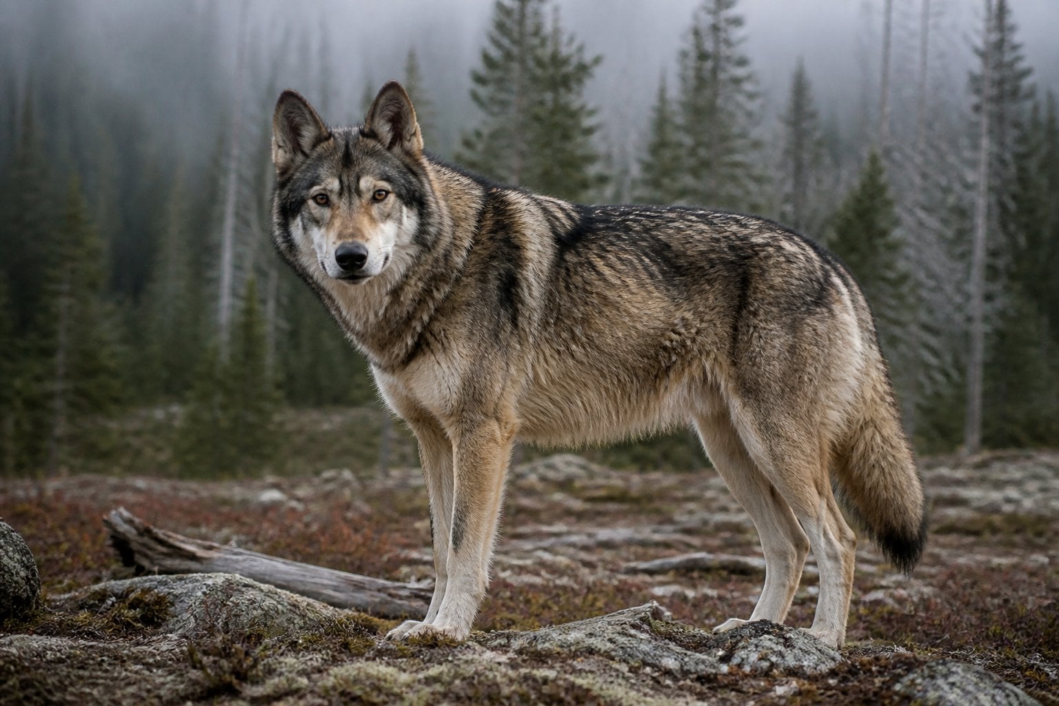 A wolf-dog hybrid stands alert in a misty evergreen forest clearing.