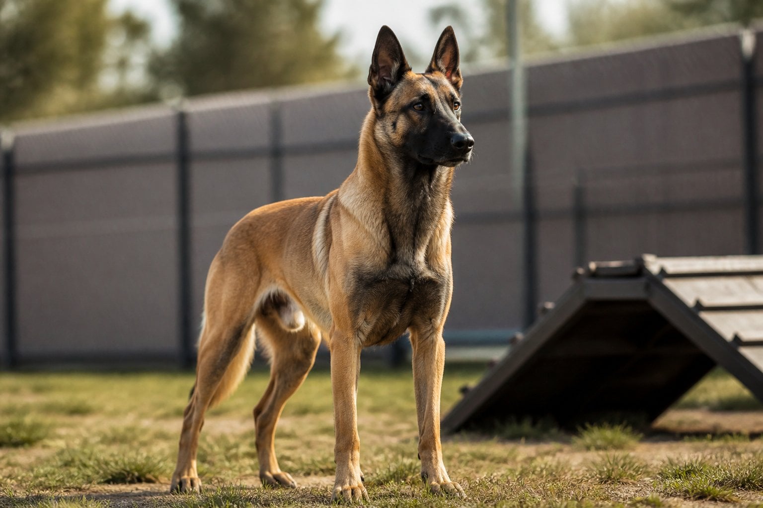 A Belgian Malinois stands alert in an outdoor training area.