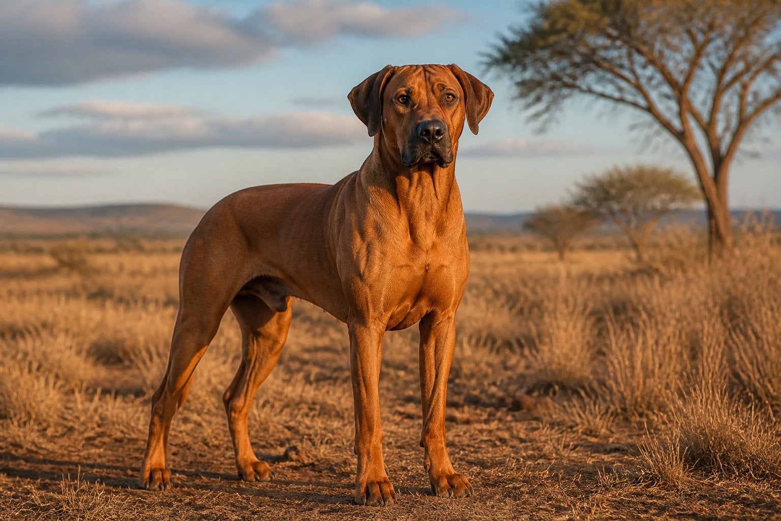 A Rhodesian Ridgeback stands alert in a grassy savanna landscape.
