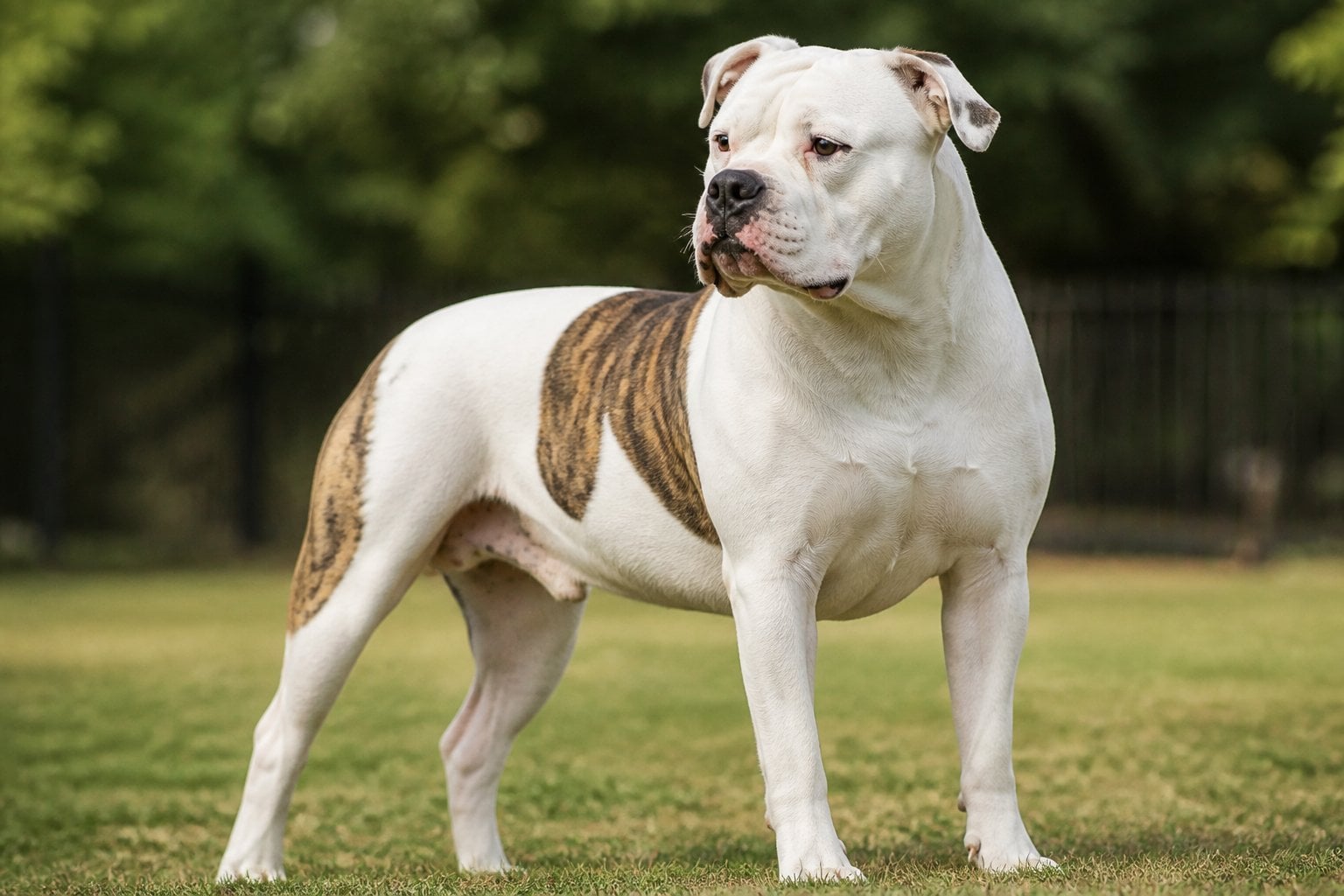 An American Bulldog standing alert outdoors in a secure setting.