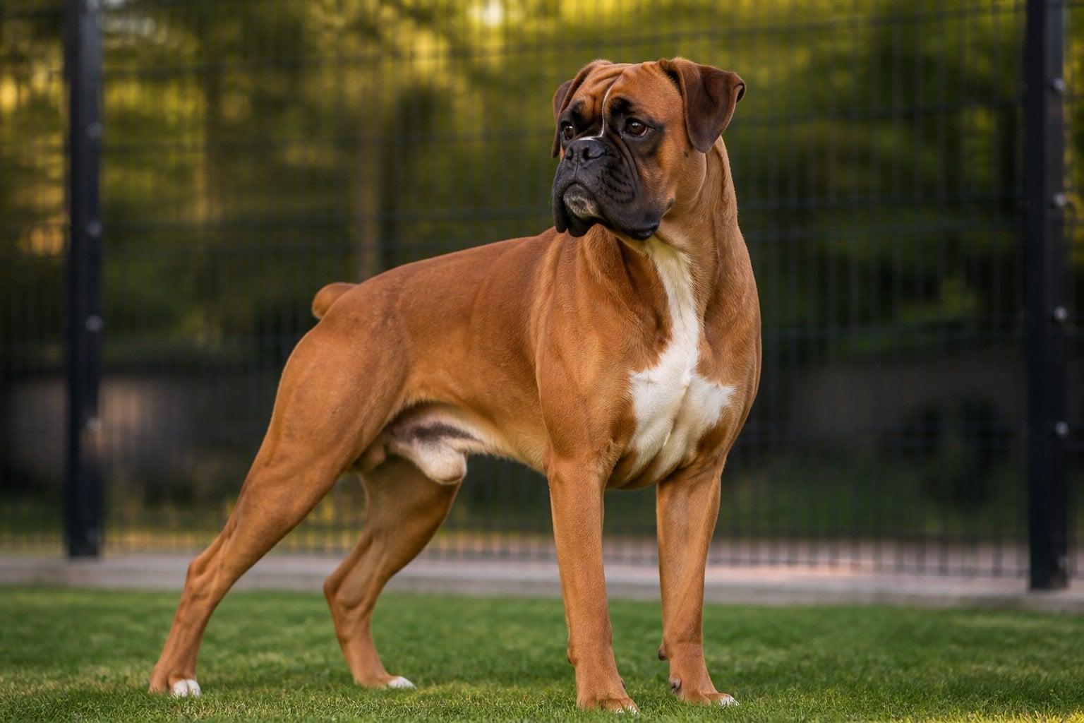 A Boxer dog stands alert in a secure outdoor yard.