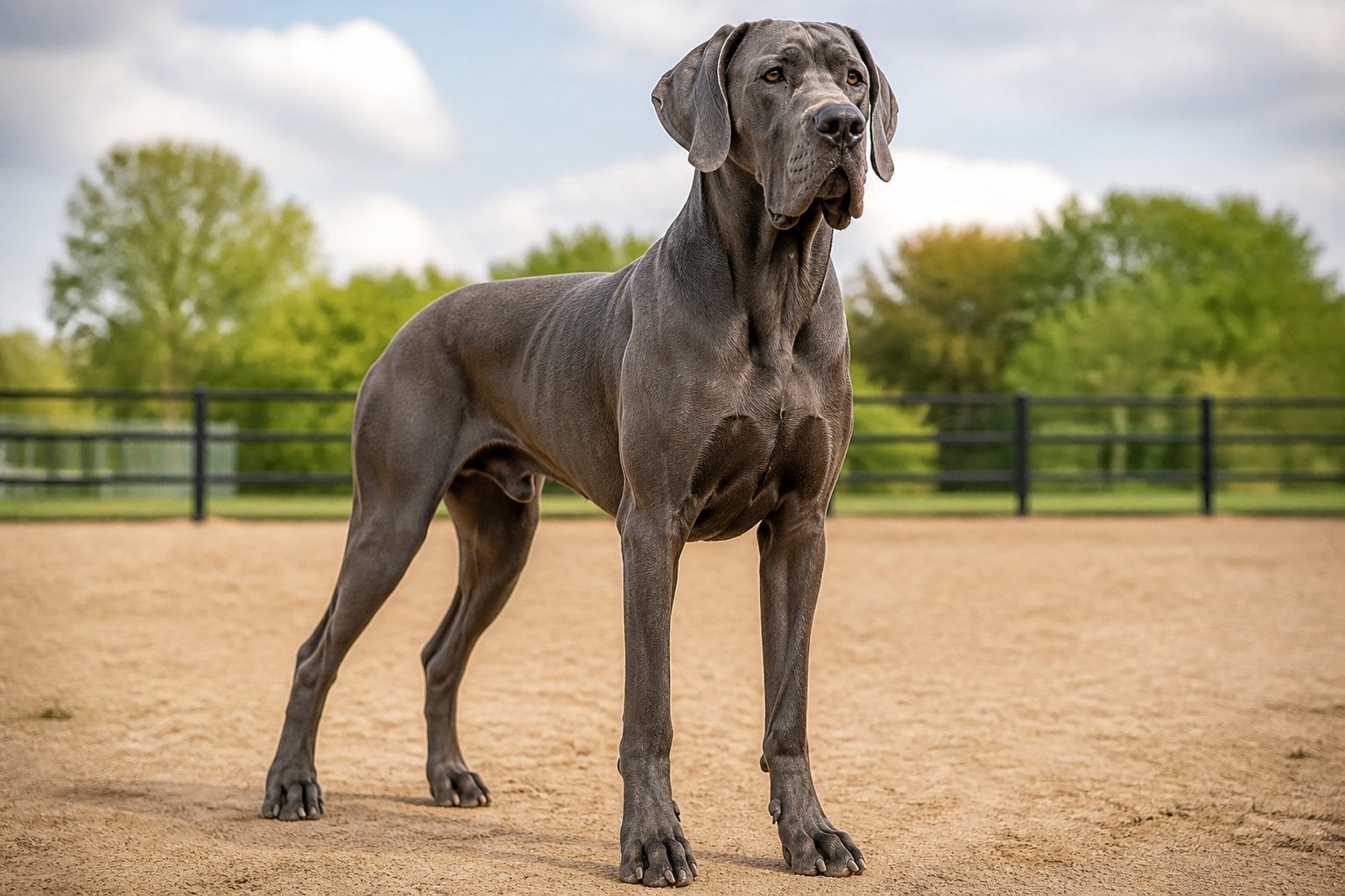 A tall Great Dane stands alert in a fenced outdoor training area.