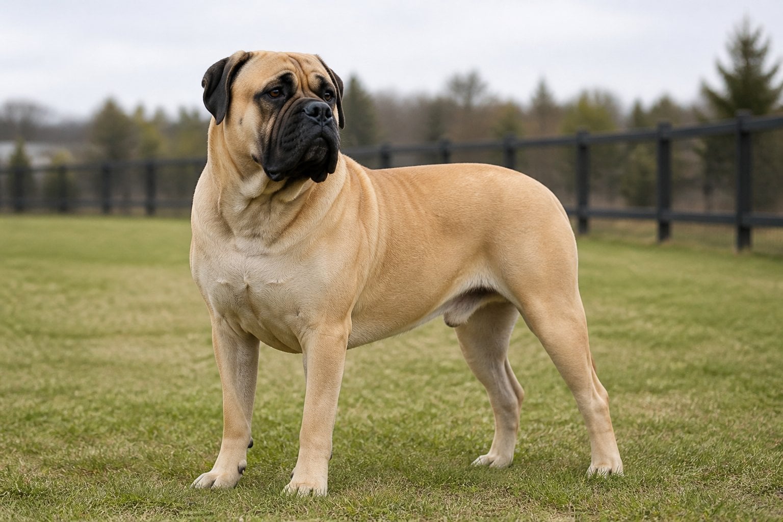 A large Mastiff stands calmly in a secure grassy enclosure.