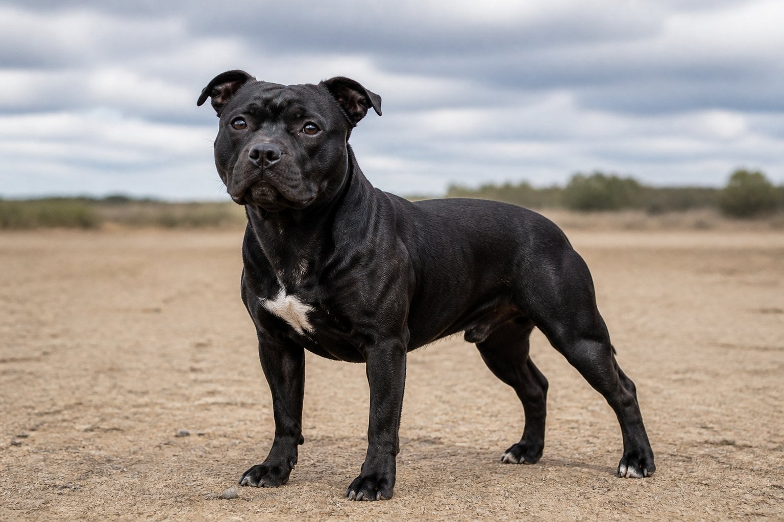 A Staffordshire Bull Terrier standing alert in an outdoor setting.