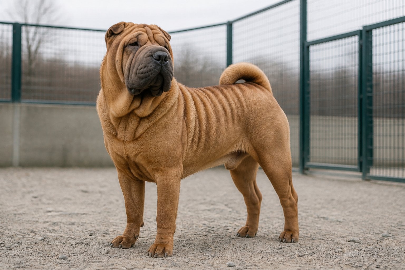 A wrinkled Shar Pei stands alert in an outdoor enclosure.