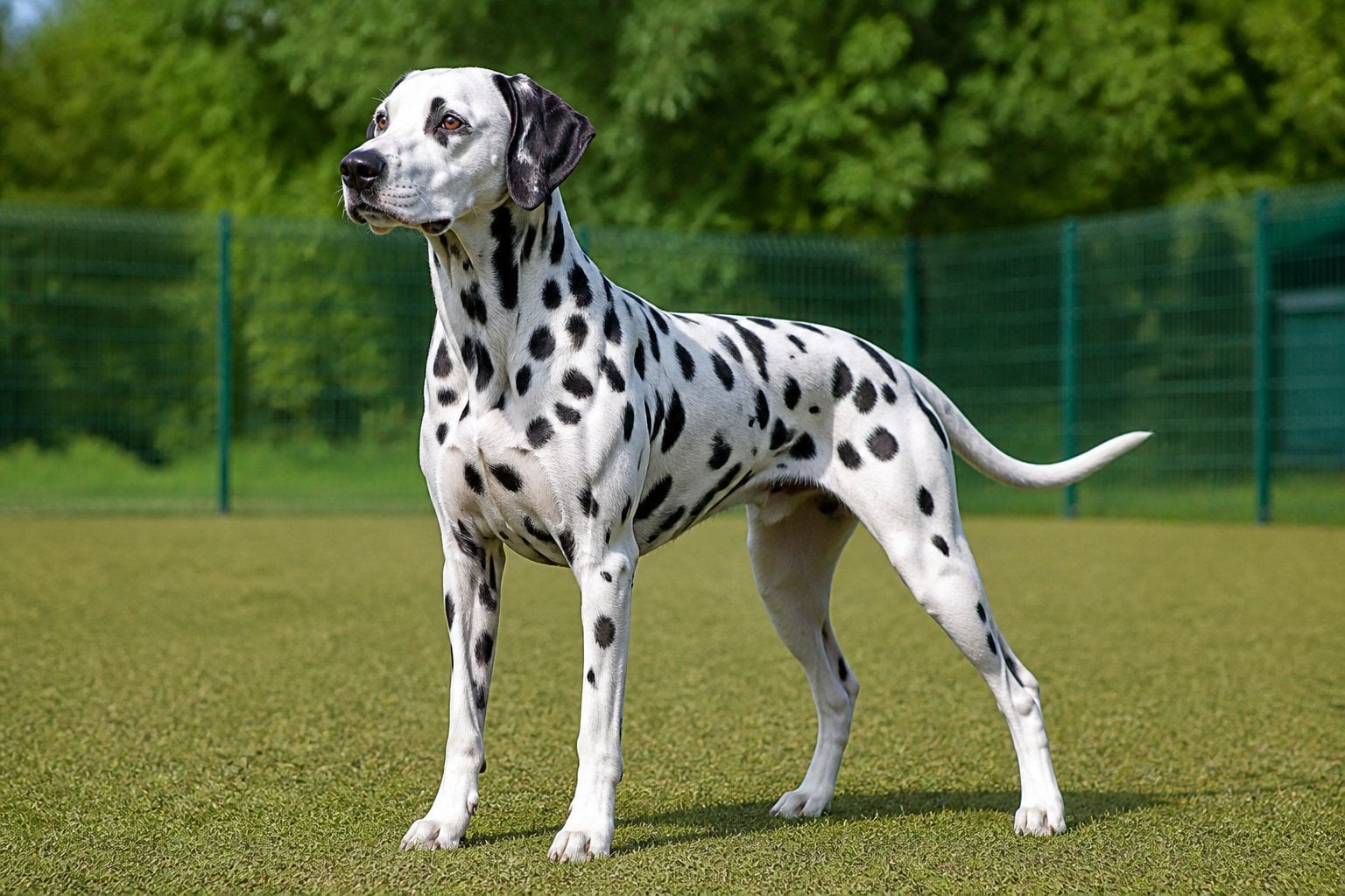 A Dalmatian stands alert in a fenced outdoor training area.