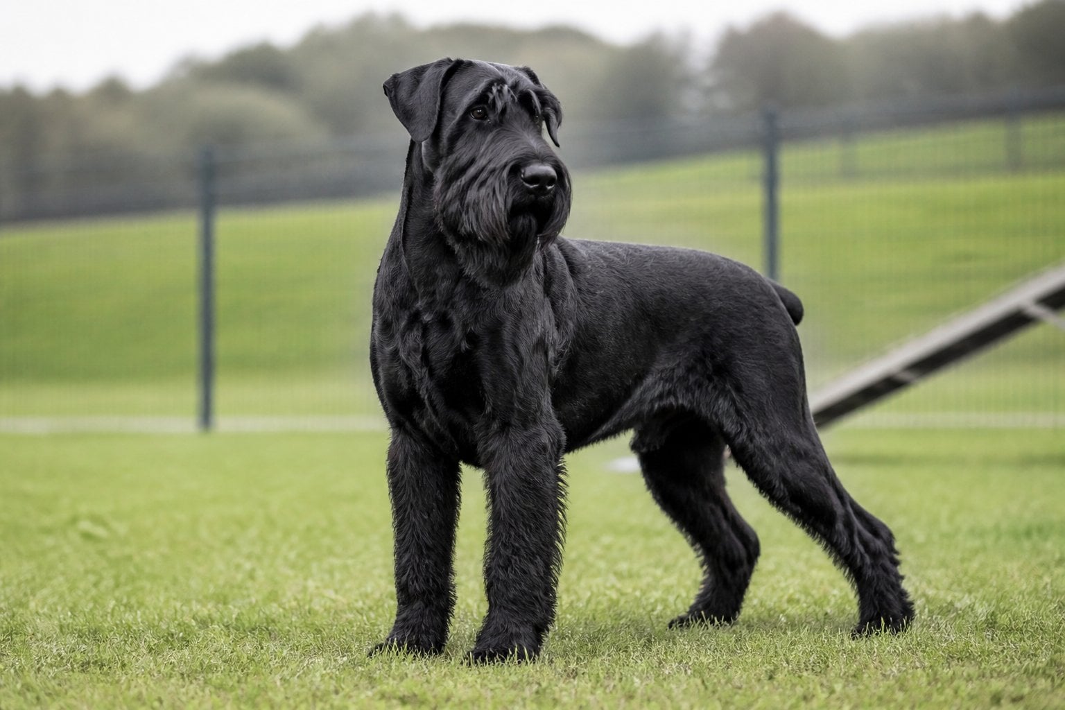 A Giant Schnauzer stands alert in a secure outdoor training area.