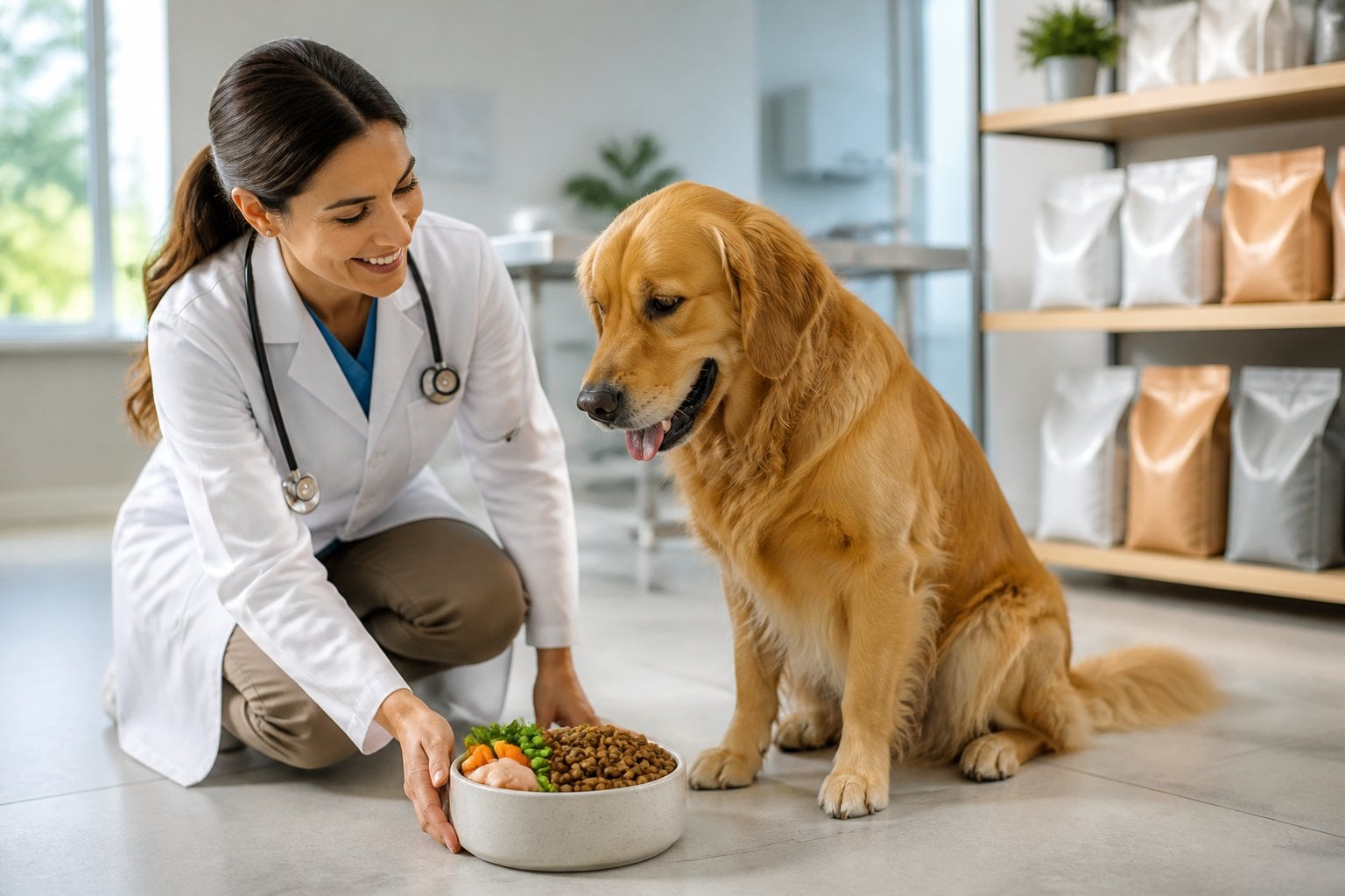 A veterinarian presents a bowl of nutritious dog food beside a healthy dog in a bright clinic.