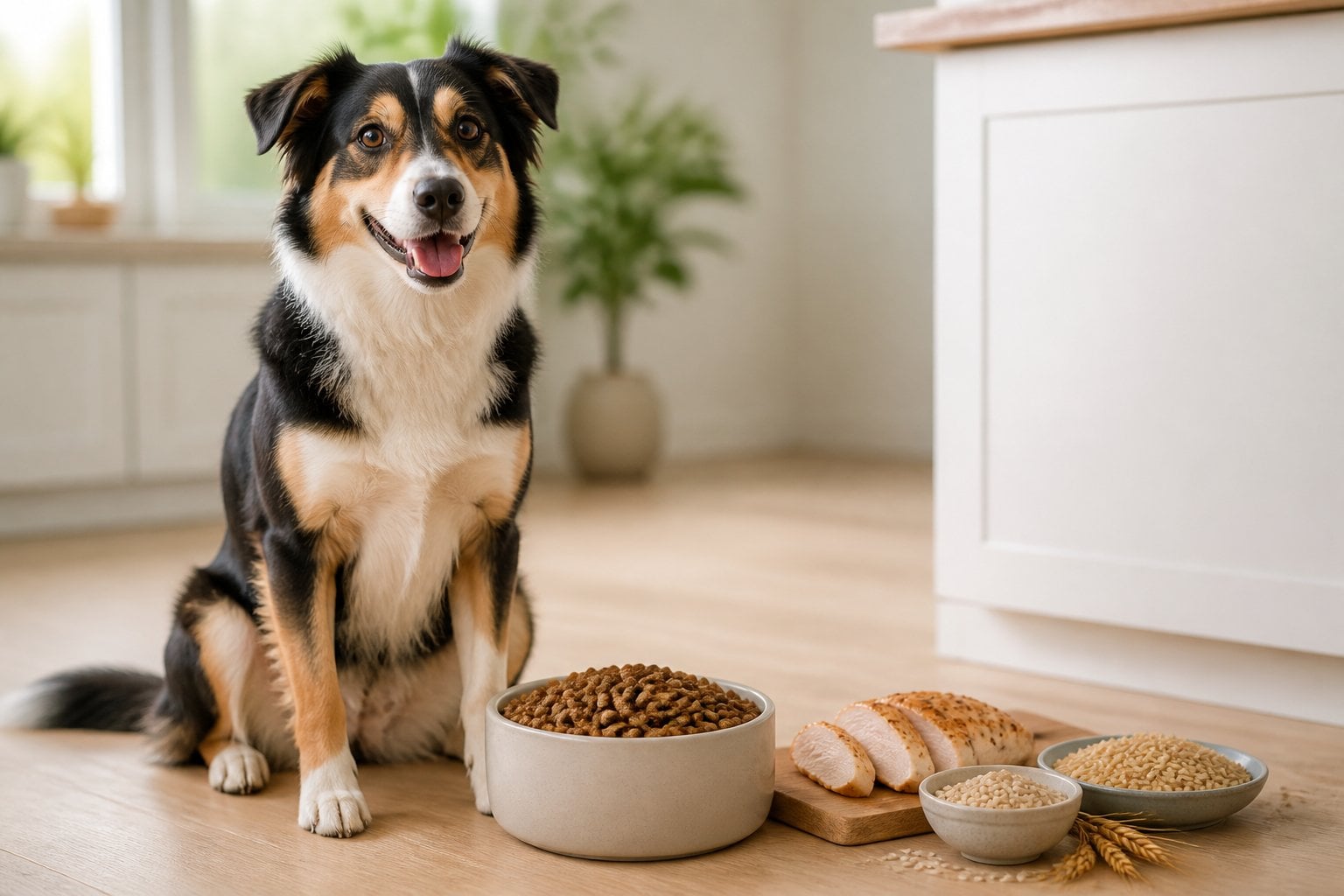 A healthy adult dog sits beside a bowl of dry kibble with chicken, barley, and brown rice nearby.