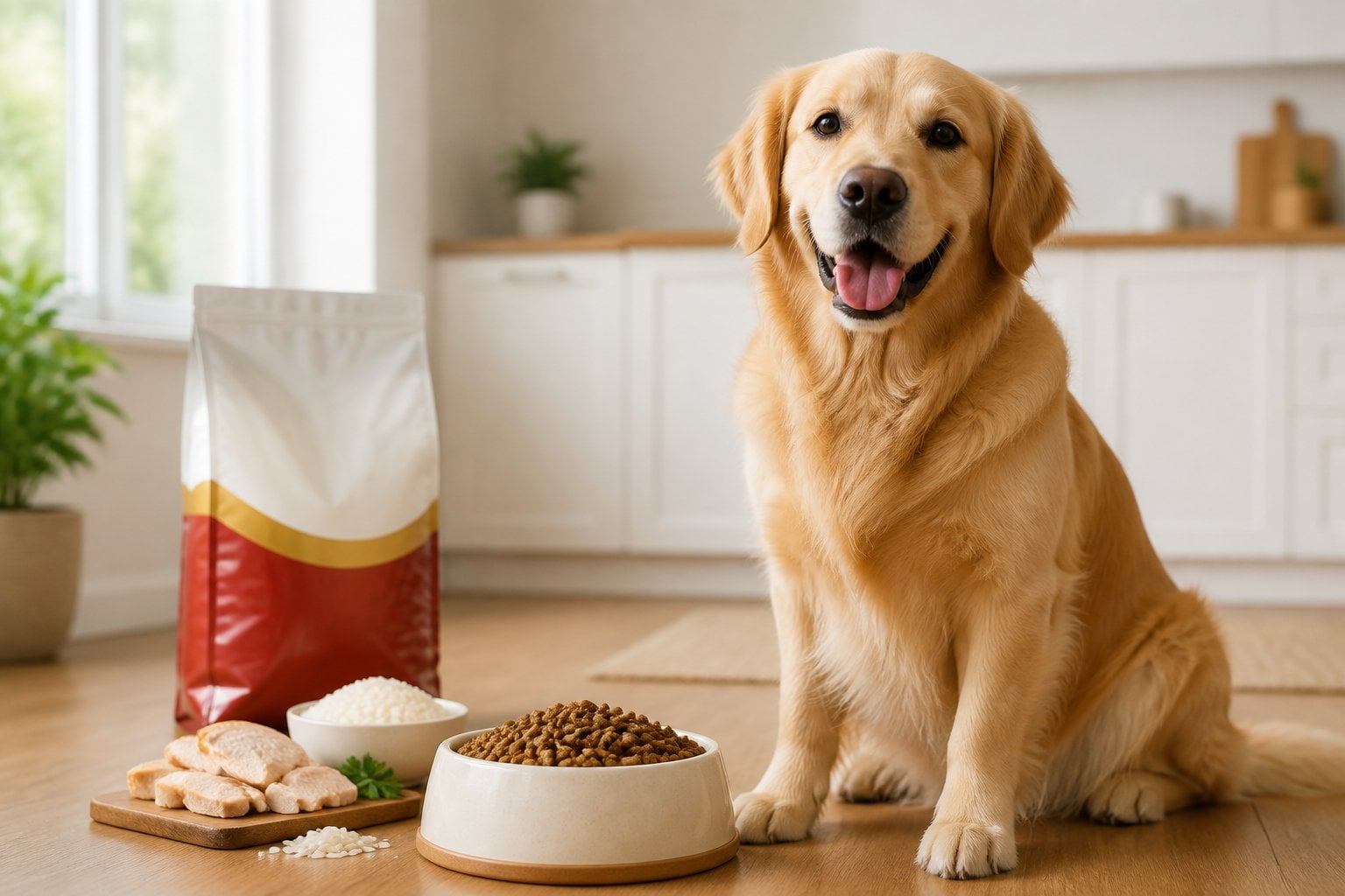 A healthy adult dog sits beside a bowl of dry kibble in a bright kitchen.