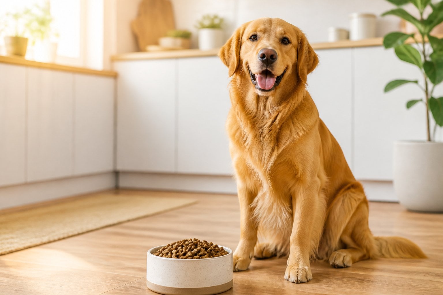 A healthy medium-sized dog sits beside a bowl of dry kibble in a bright kitchen.