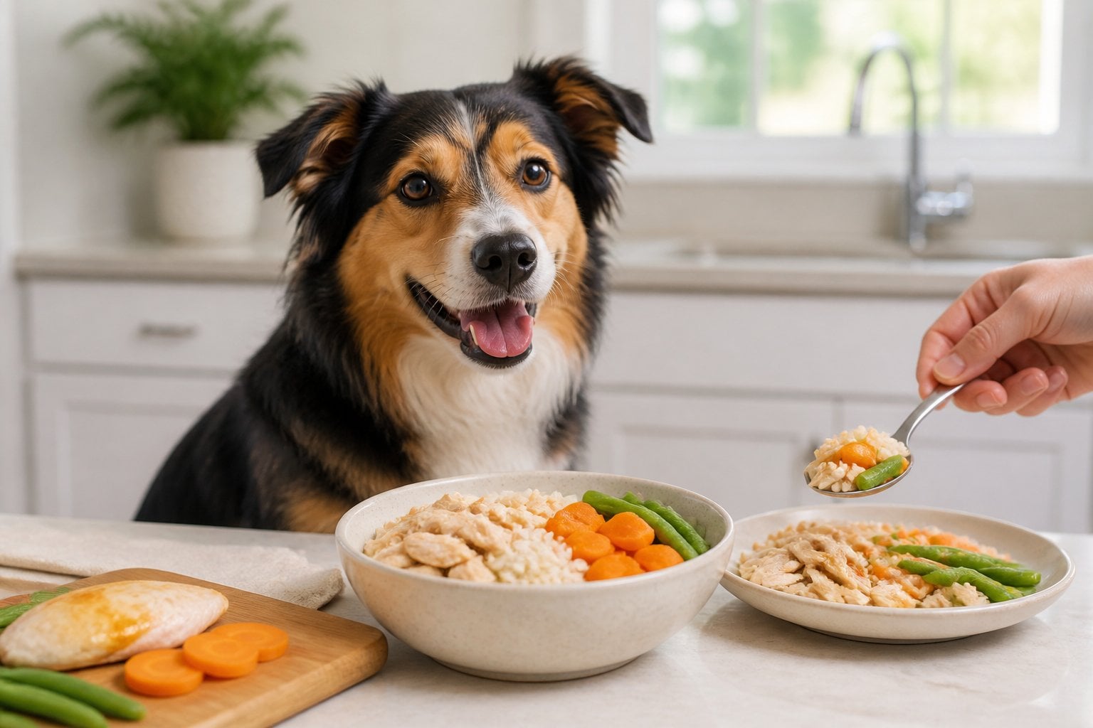 A healthy dog beside a bowl of fresh chicken, rice, and vegetables in a bright kitchen.